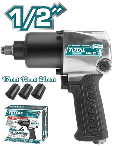 مفتاح صدمات هواء توتال TOTAL 1/2 بوصة عزم 610 نيوتن Twin Hammer + 3 لقم 17/19/21 – TAT40122