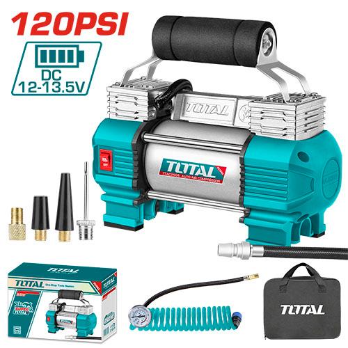 كمبروسر هواء سيارة توتال TOTAL 12 فولت 120 PSI (8.27 بار) تدفق 45 لتر/دقيقة 2 بستم + كشاف – TTAC2506