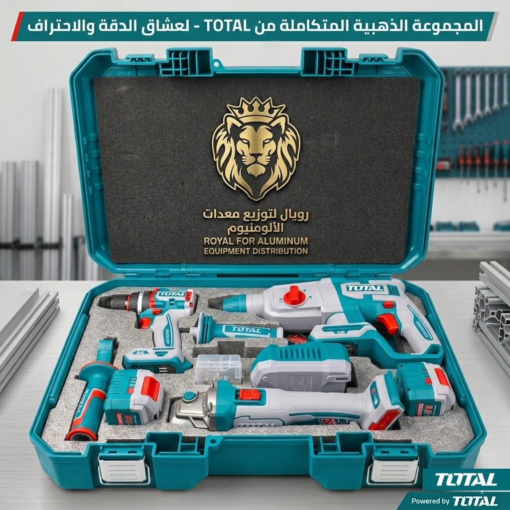 ​طقم كومبو لاسلكي توتال 3 قطع 20 فولت (هيلتي 26 ملم + شنيور دقاق 66 نيوتن + دريل فك وربط 400 نيوتن) مع 2 بطارية 4 أمبير وحقيبة TOTAL