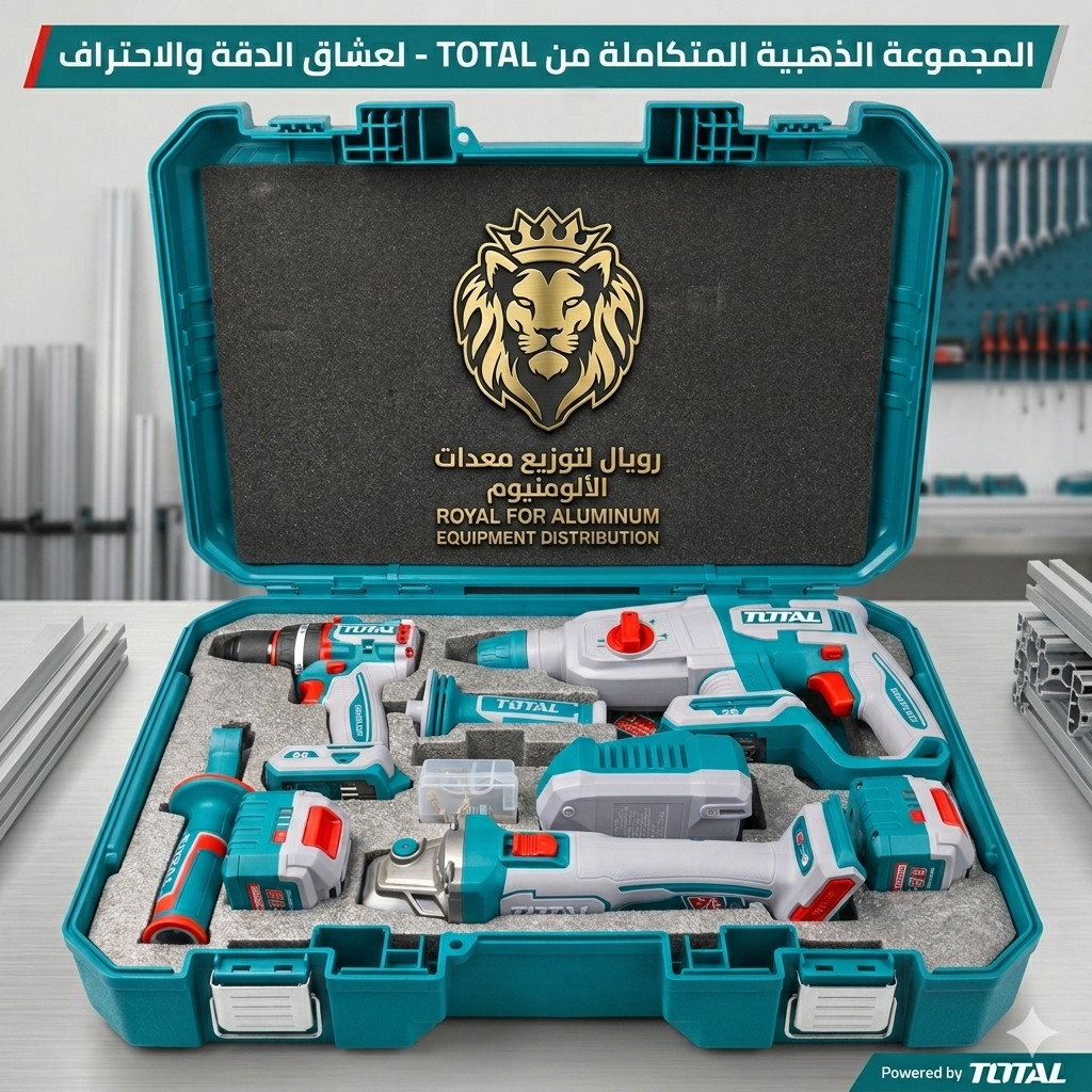 طقم كومبو لاسلكي توتال 3 قطع 20 فولت (هيلتي 26 ملم + شنيور دقاق 66 نيوتن + دريل فك وربط 400 نيوتن) مع 2 بطارية 4 أمبير وحقيبة TOTAL